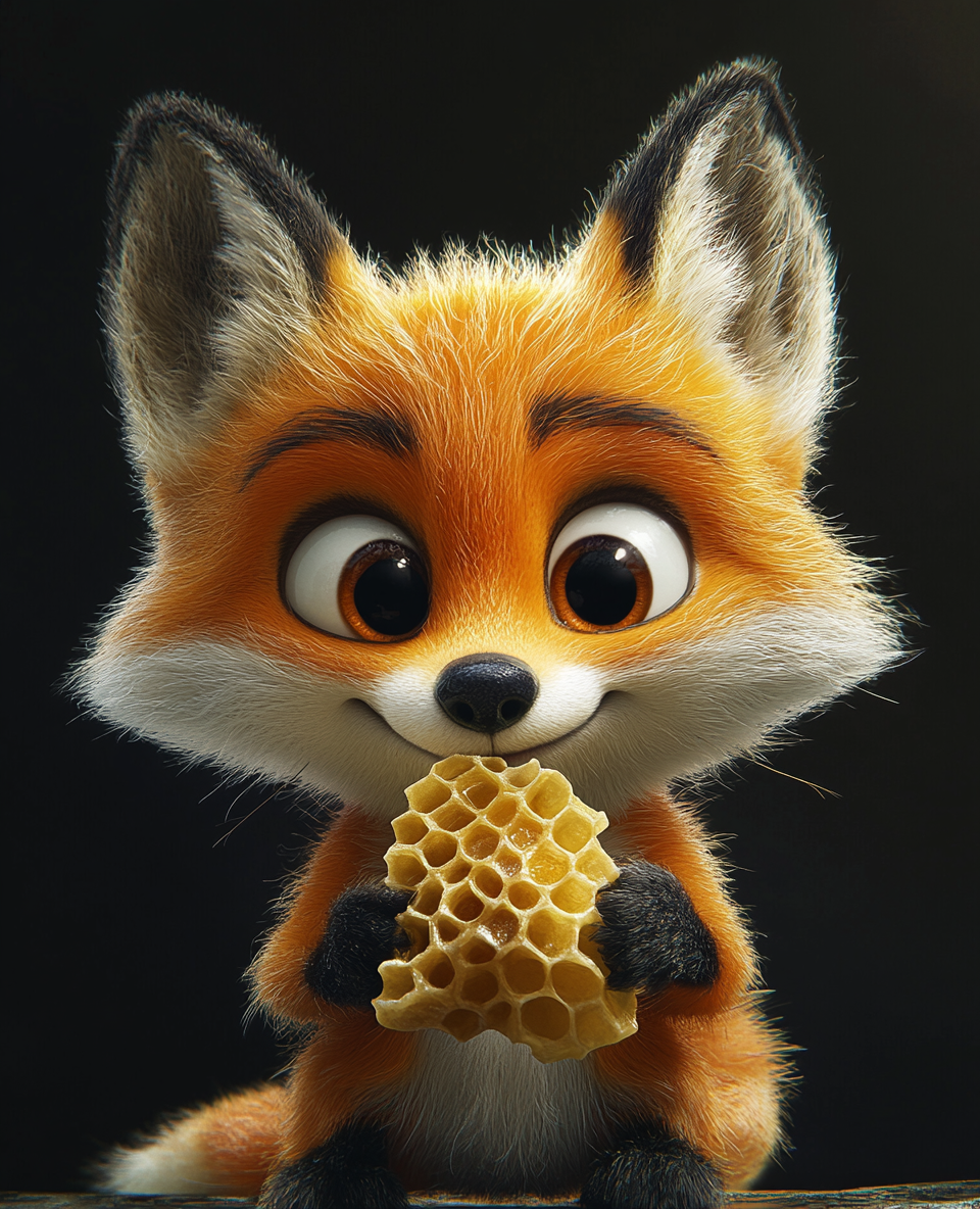 A Funny Fox Eating Honeycomb in Cartoon Style