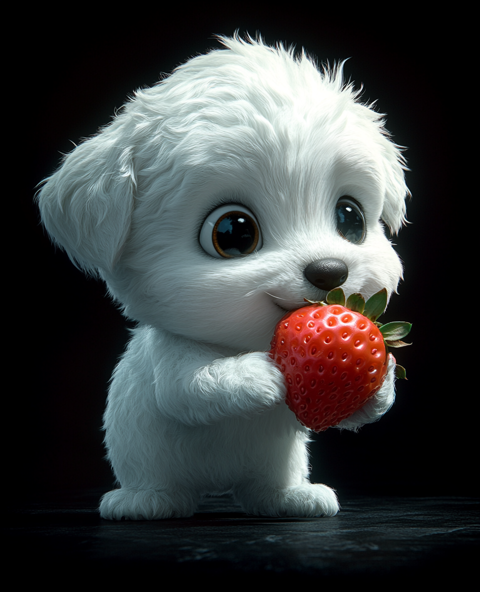 A Funny Puppy Eating a Strawberry Cartoon Style