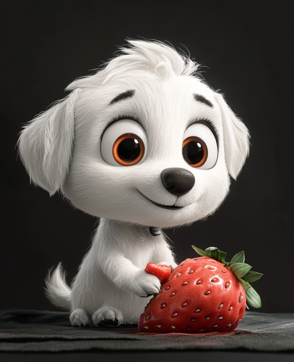 A Funny White Puppy Eating a Strawberry