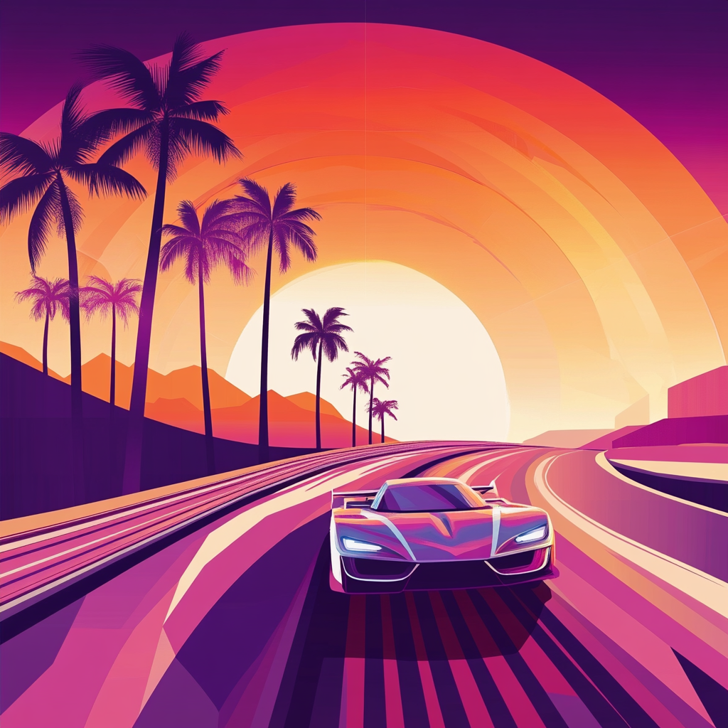 A Futuristic Car Racing in Retro Neon Sunset