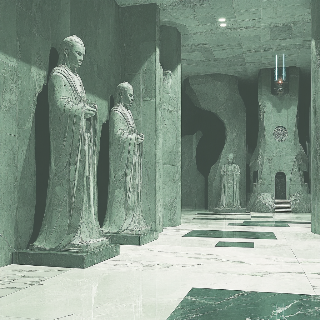 A Futuristic Inca Temple with Stone Statues