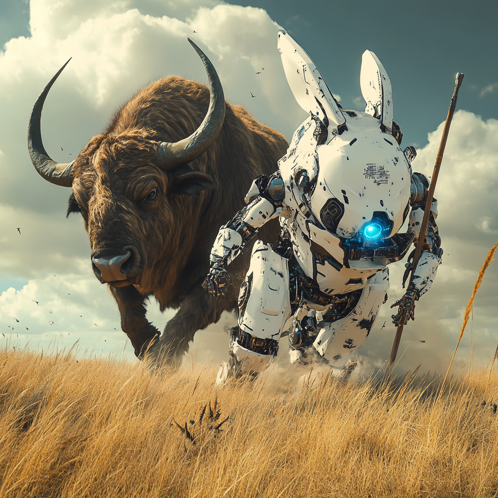 A Futuristic Robot Rabbit Hunting Buffalo in Plains