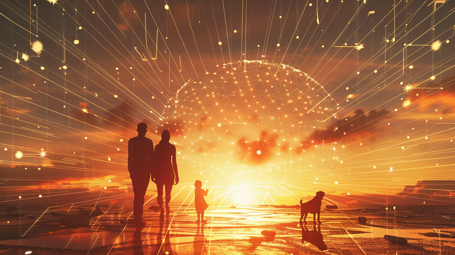 A Futuristic Sunrise with Digital Family Scenes