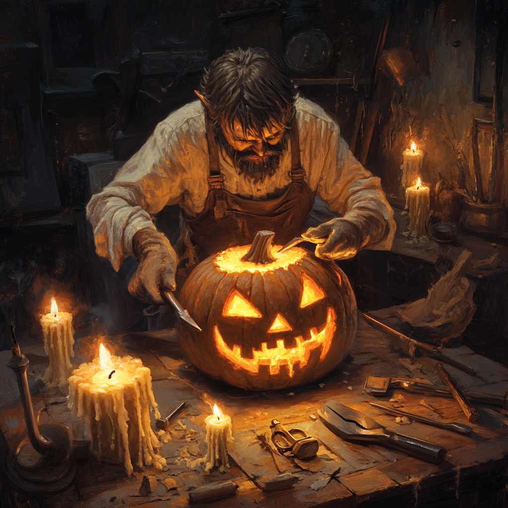 A Ghostly Carpenter Carving a Spooky Jack-o'-Lantern