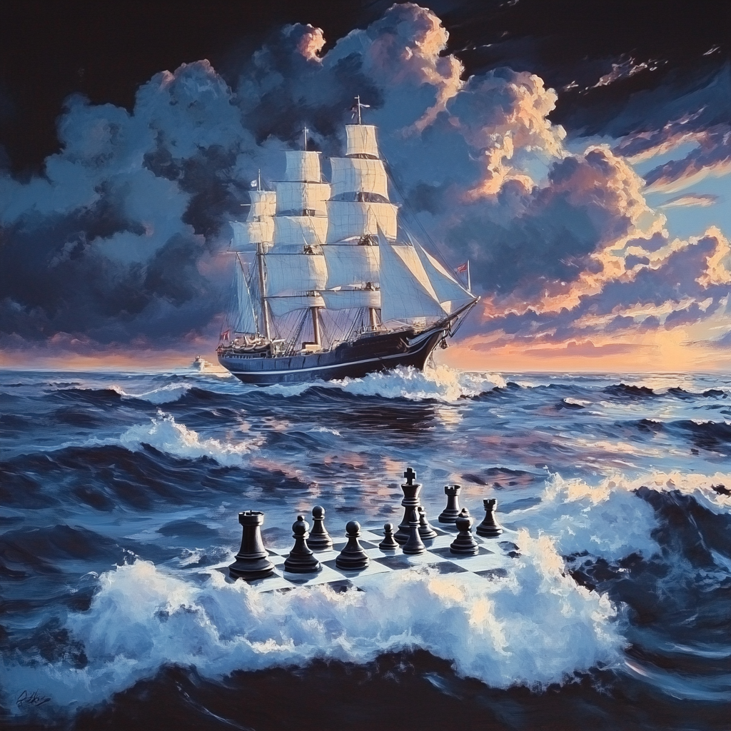 A Giant Chessboard Ship Sailing Through Dreamy Ocean.