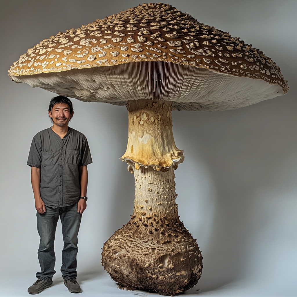 A Giant Mushroom Next to a Man