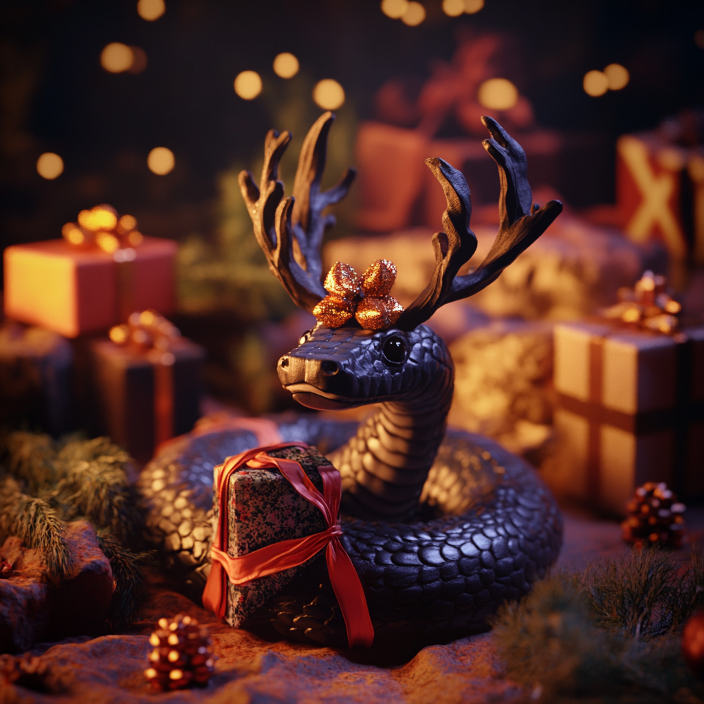 A Giant Snake with Reindeer Antlers on Presents