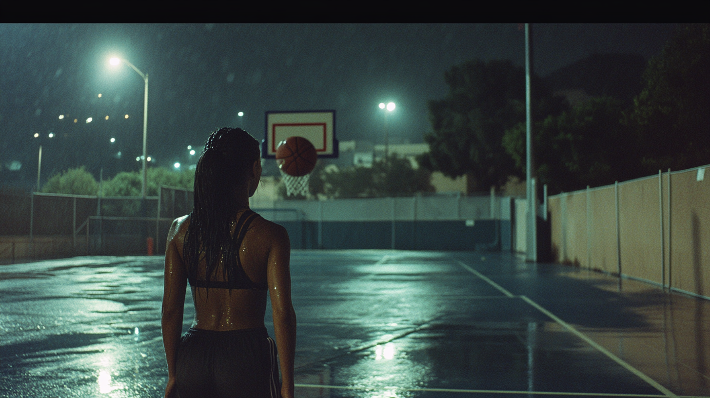 A Girl's Solo Nighttime Basketball Practice