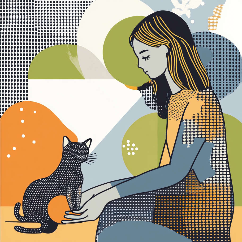 A Girl Playing with a Cat in Art Style