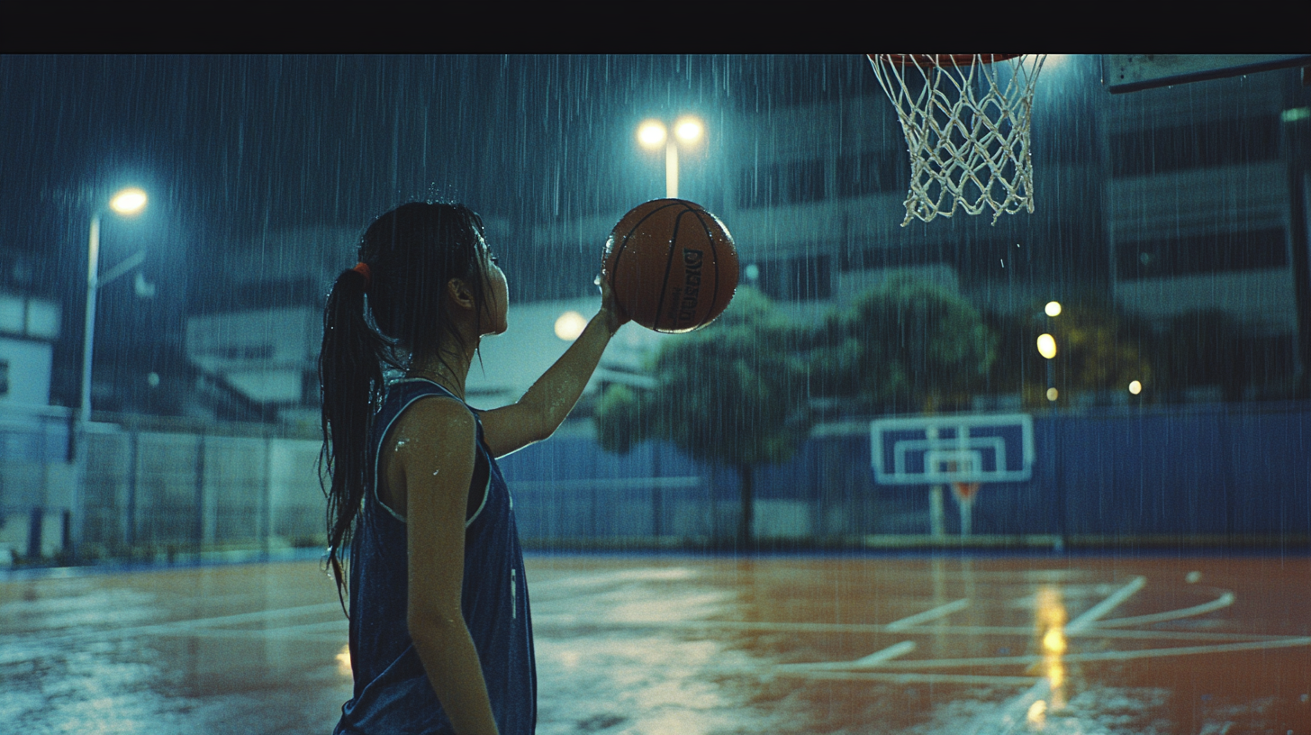 A Girl Practicing Basketball Alone at Night