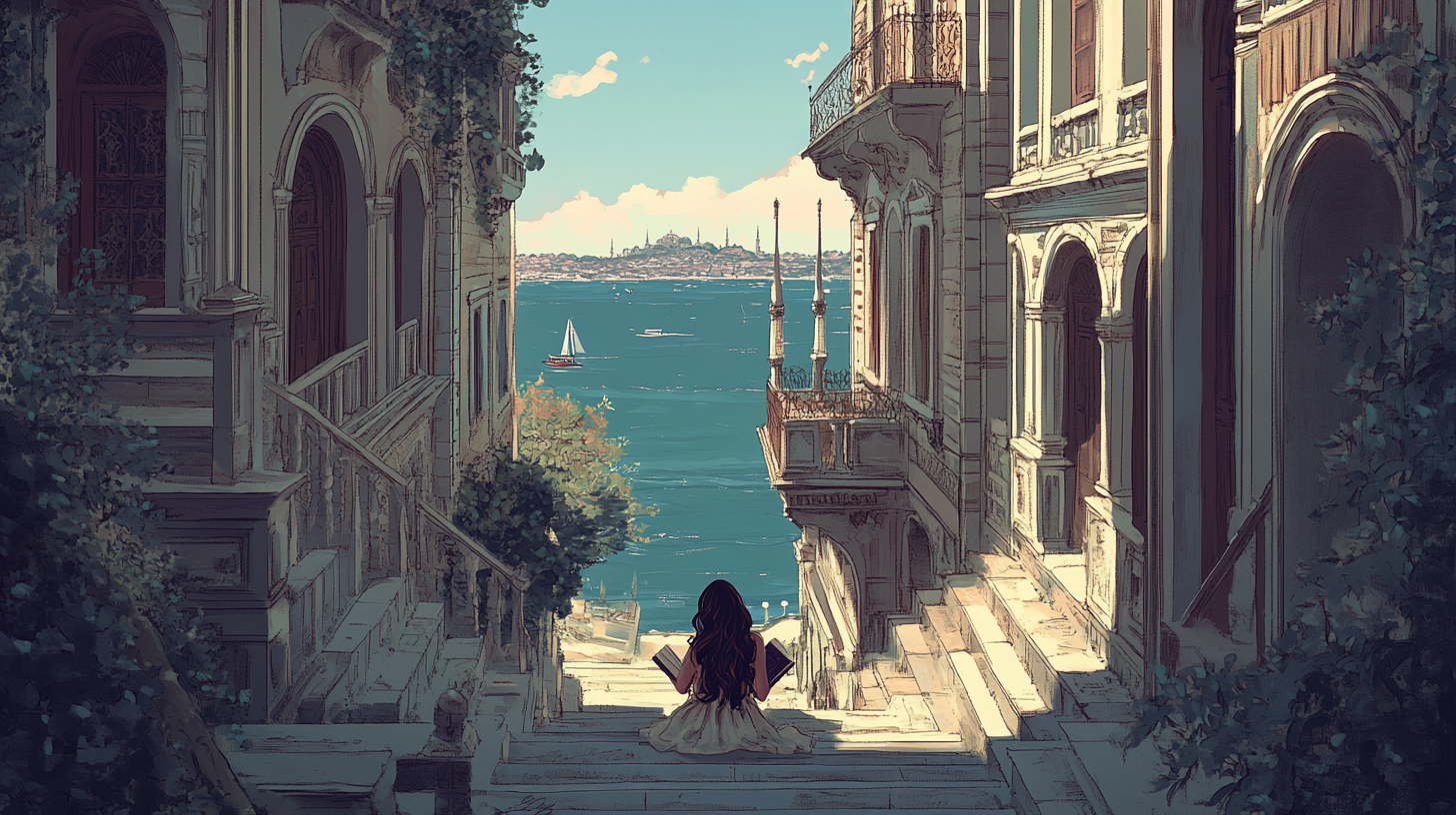 A Girl Reading on Istanbul Staircase