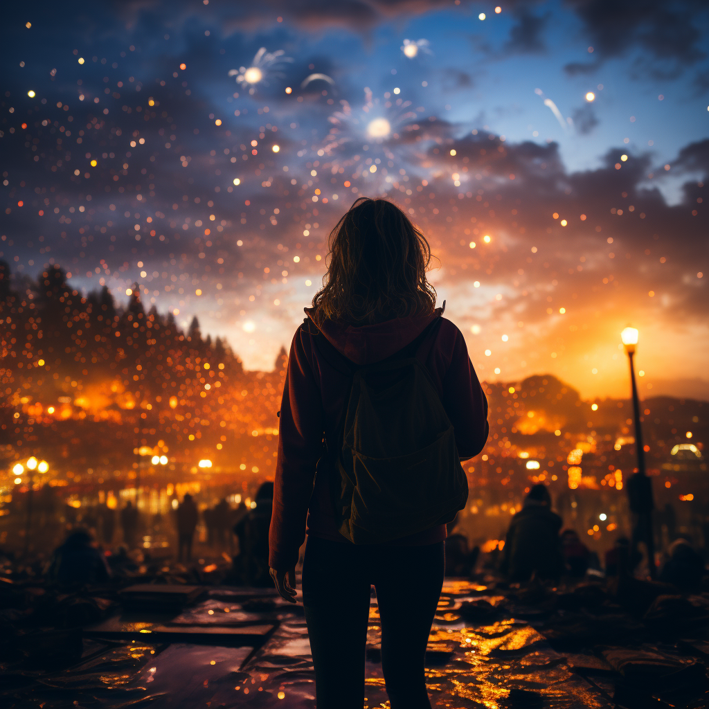 A Girl Watching Glowing Fireworks in Night Sky