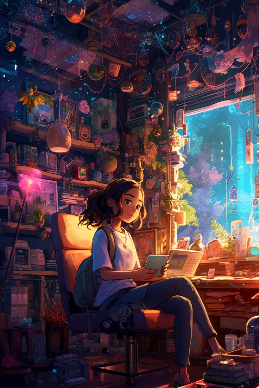 A Girl in Enchanting Futuristic Computer Wonderland