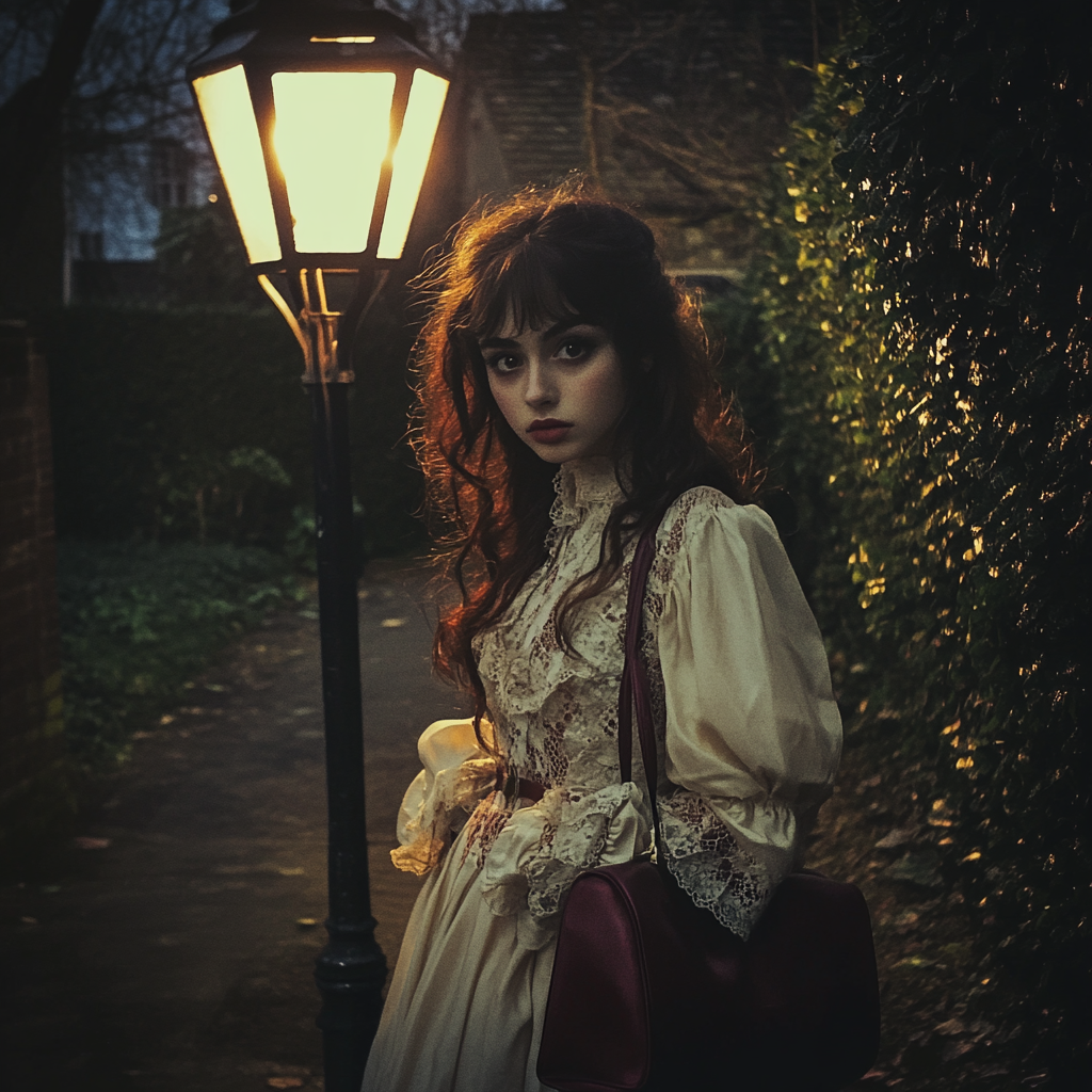 A Girl in Vintage Fairy Outfit Under Street Lamp