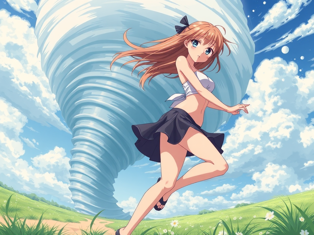 A Girl in a Windy Tornado Storm