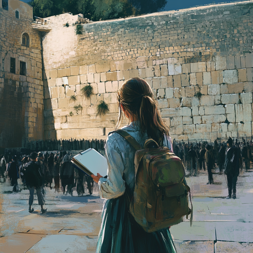 A Girl with Ponytail Facing Western Wall