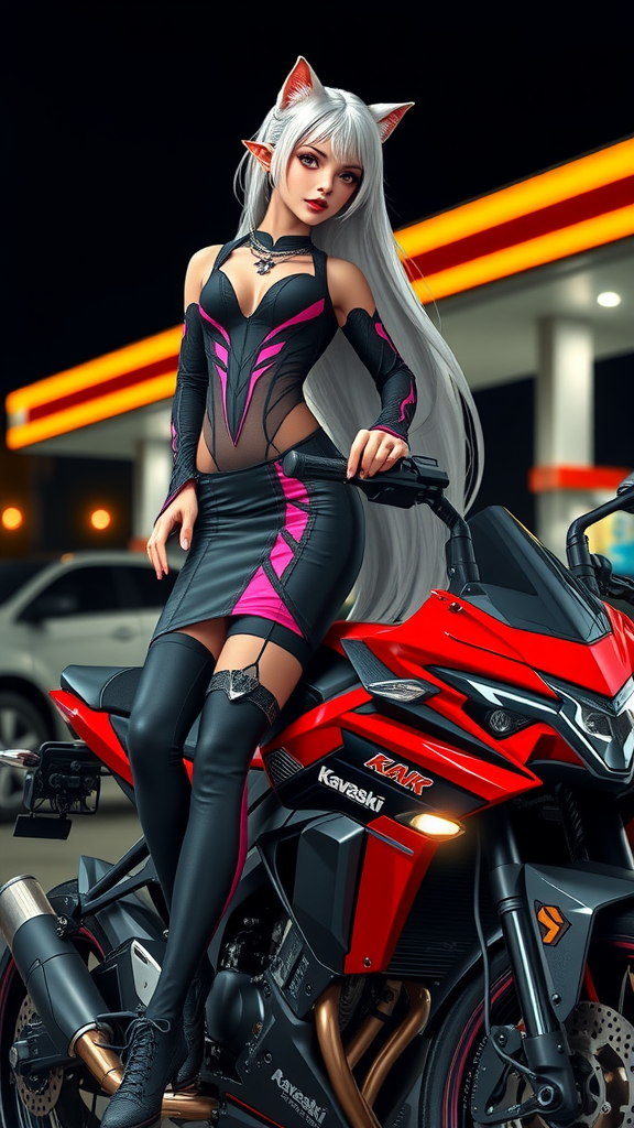 A Girl with White Hair on a Black Bike