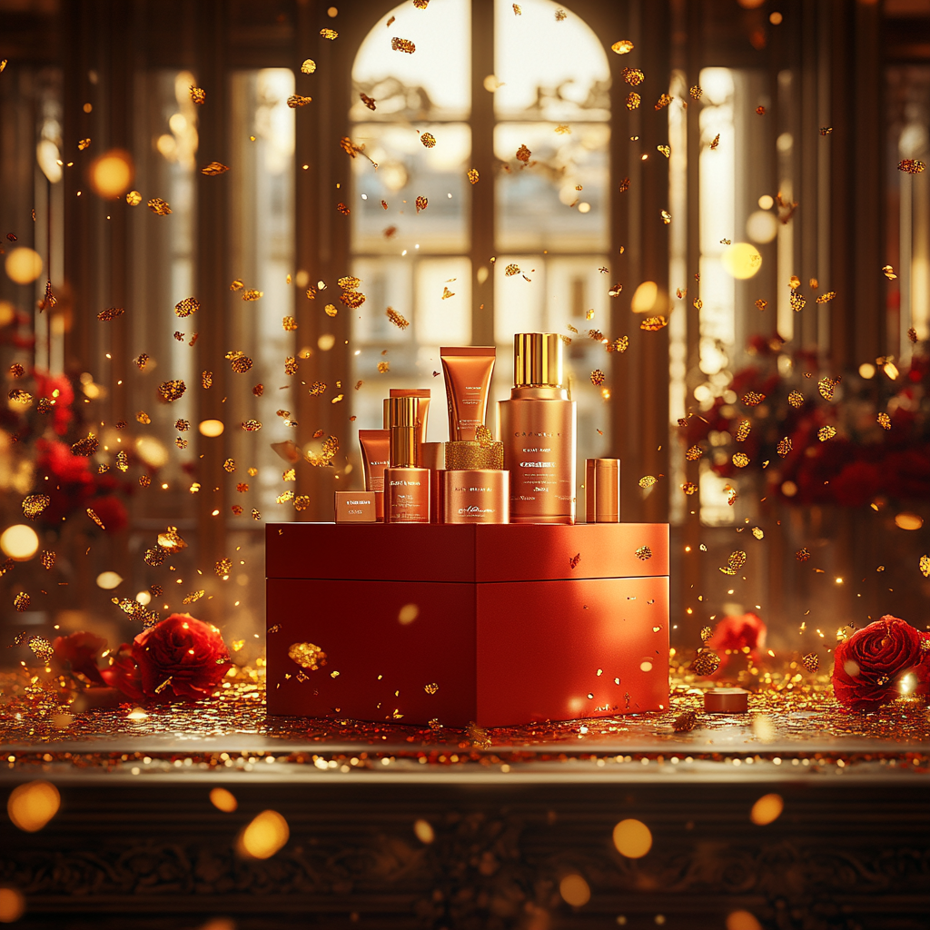 A Glamorous Beauty Product Showcase in Gold Room