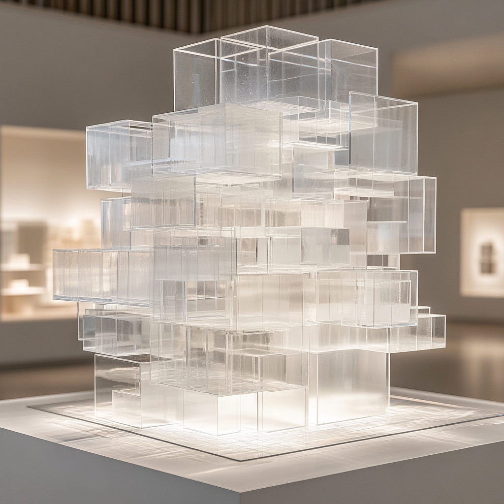 A Glass Cube with Transparent Boxes Installation