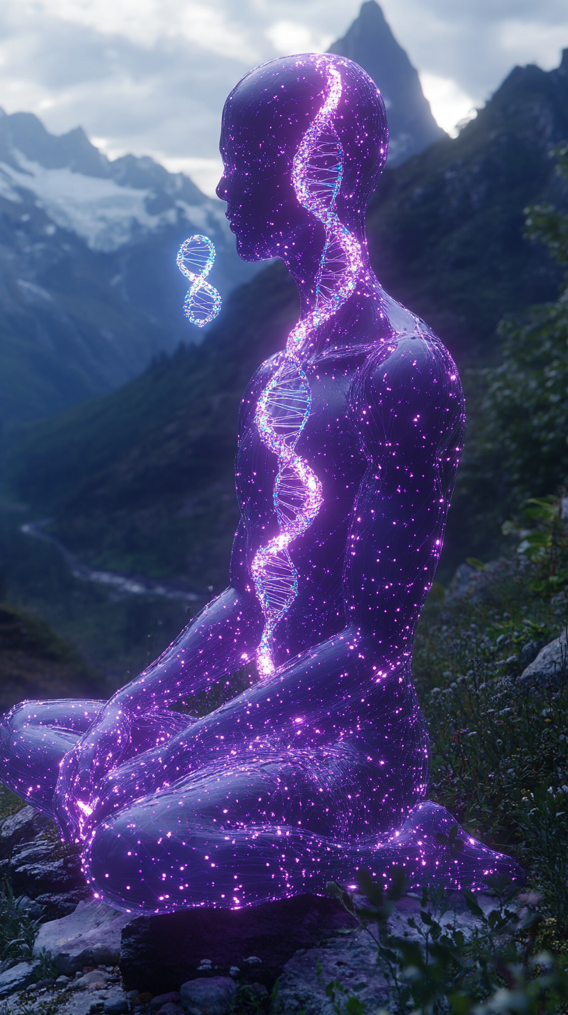 A Glowing Purple Being Holding Floating DNA