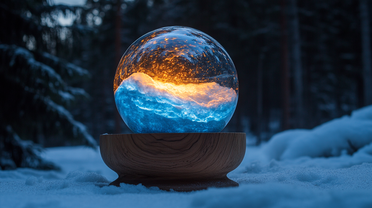 A Glowing Snow Globe in Nighttime Pine Forest