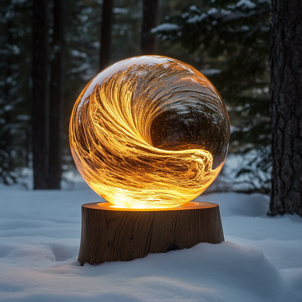 A Glowing Snow Globe in a Pine Forest