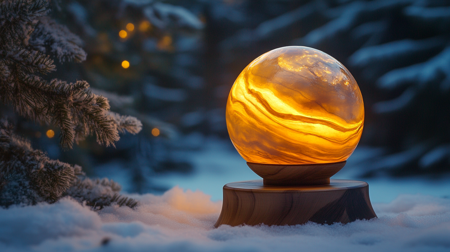 A Glowing Snow Sphere in Nighttime Pine Forest