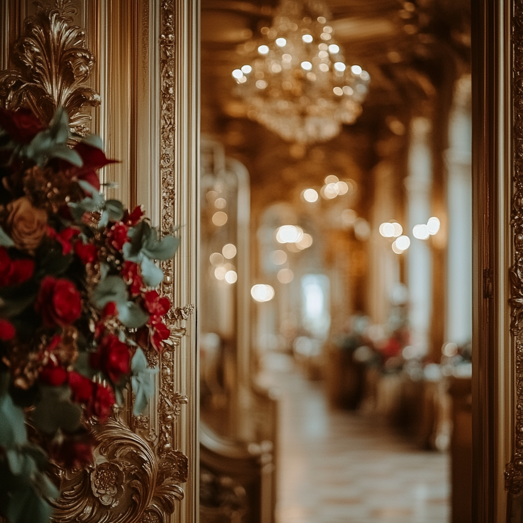 A Gold Door with an Ornate, Festive Room