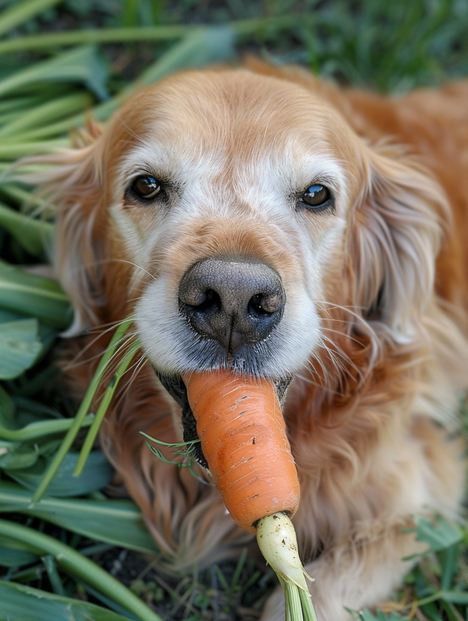 A Golden Retriever Holding a Carrot