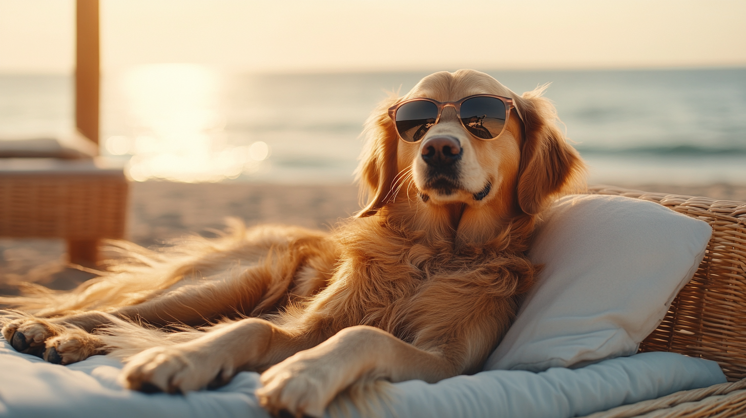 A Golden Retriever Relaxing on Beach Bed