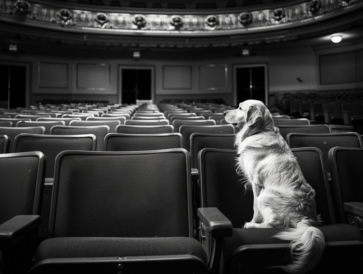 A Golden Retriever watching a quiet theater stage.