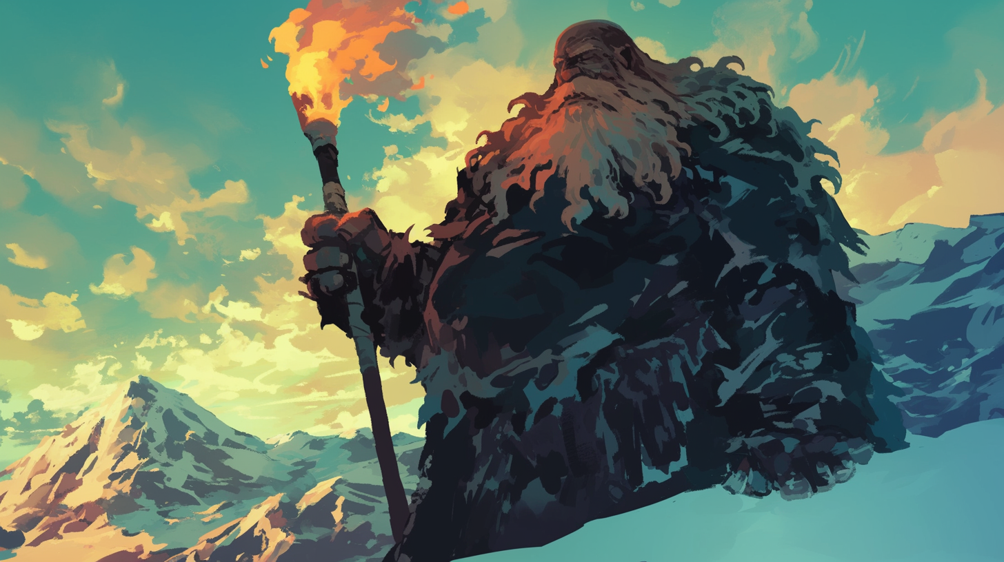 A Goliath on Mountain Peak with Flaming Sword