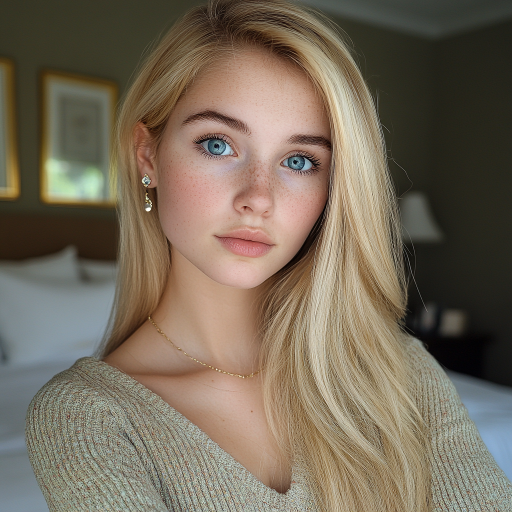 A Gorgeous Fashion Model's Selfie in Cozy Bedroom.