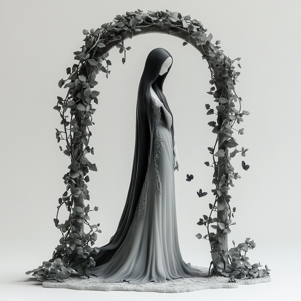 A Graceful Vinyl Figure Stands Under Vine Archway