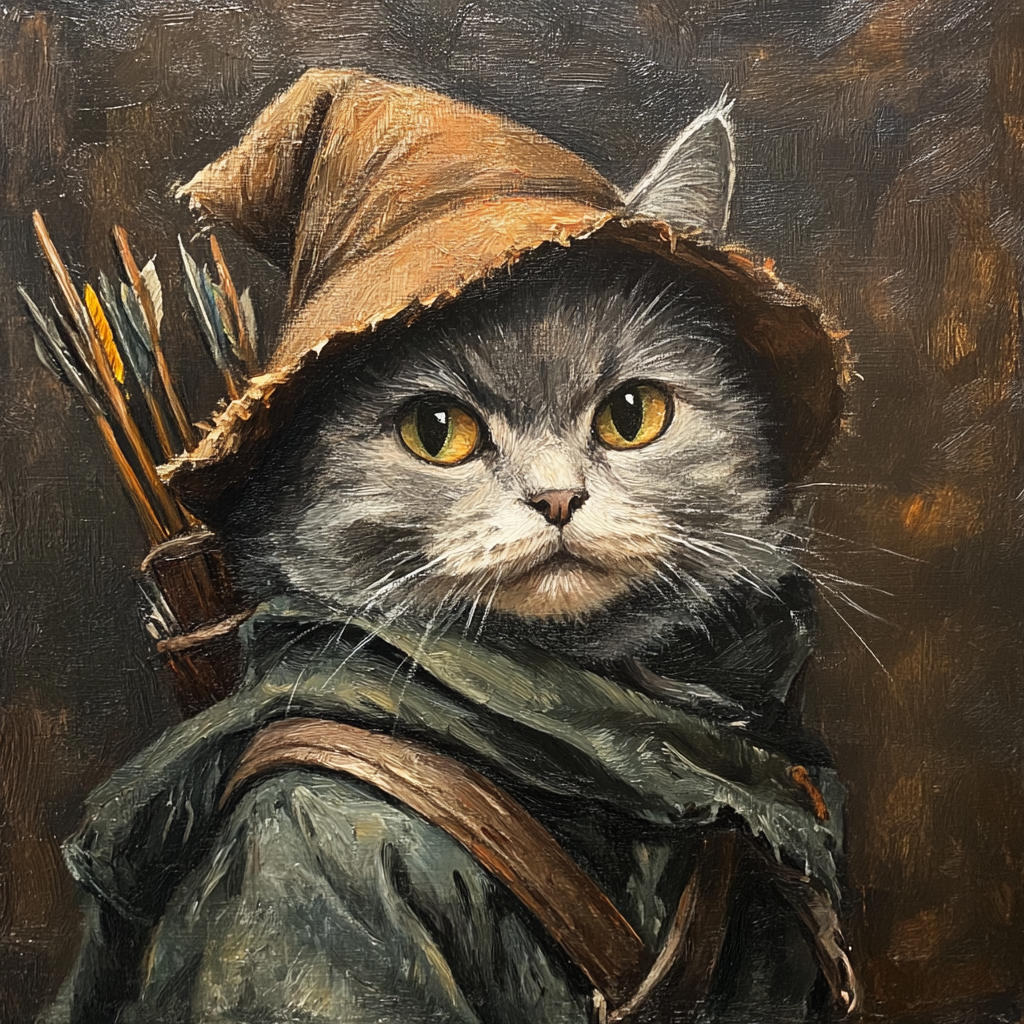 A Gray Cat Dressed as Robin Hood