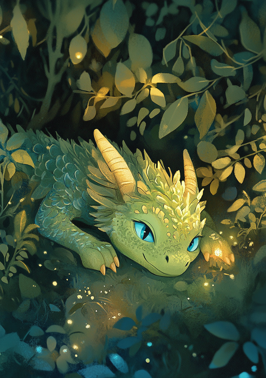 A Green Dragon with Blue Eyes in Forest