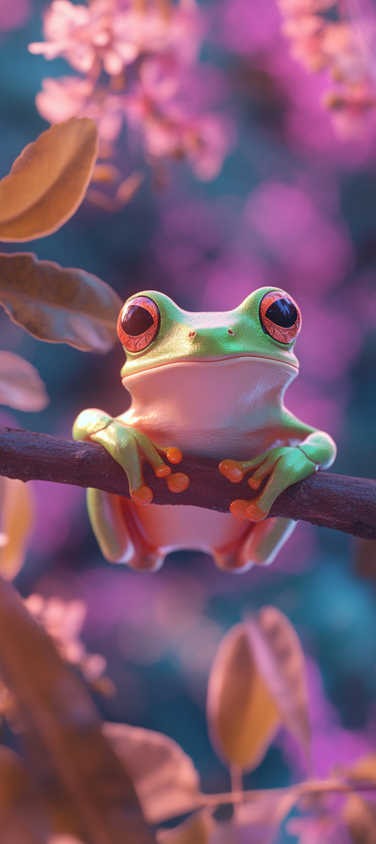 A Green Frog on Branch with Colorful Background