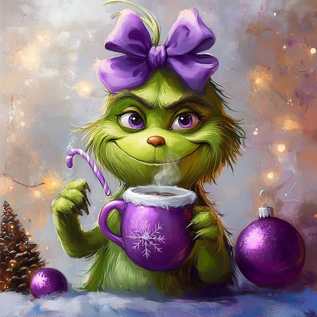 A Grinch with Purple Bow Celebrating Christmas Cheer