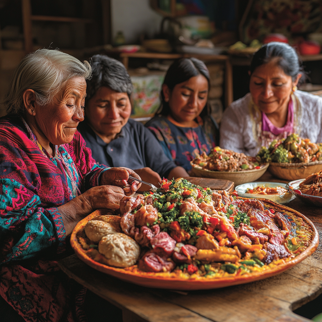 A Guatemalan family enjoying fiambre around the table