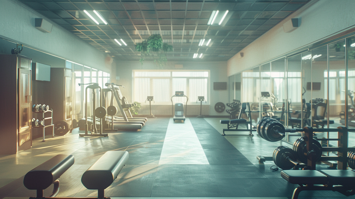 A Gym with Equipment and Mirrors in Warm Tones