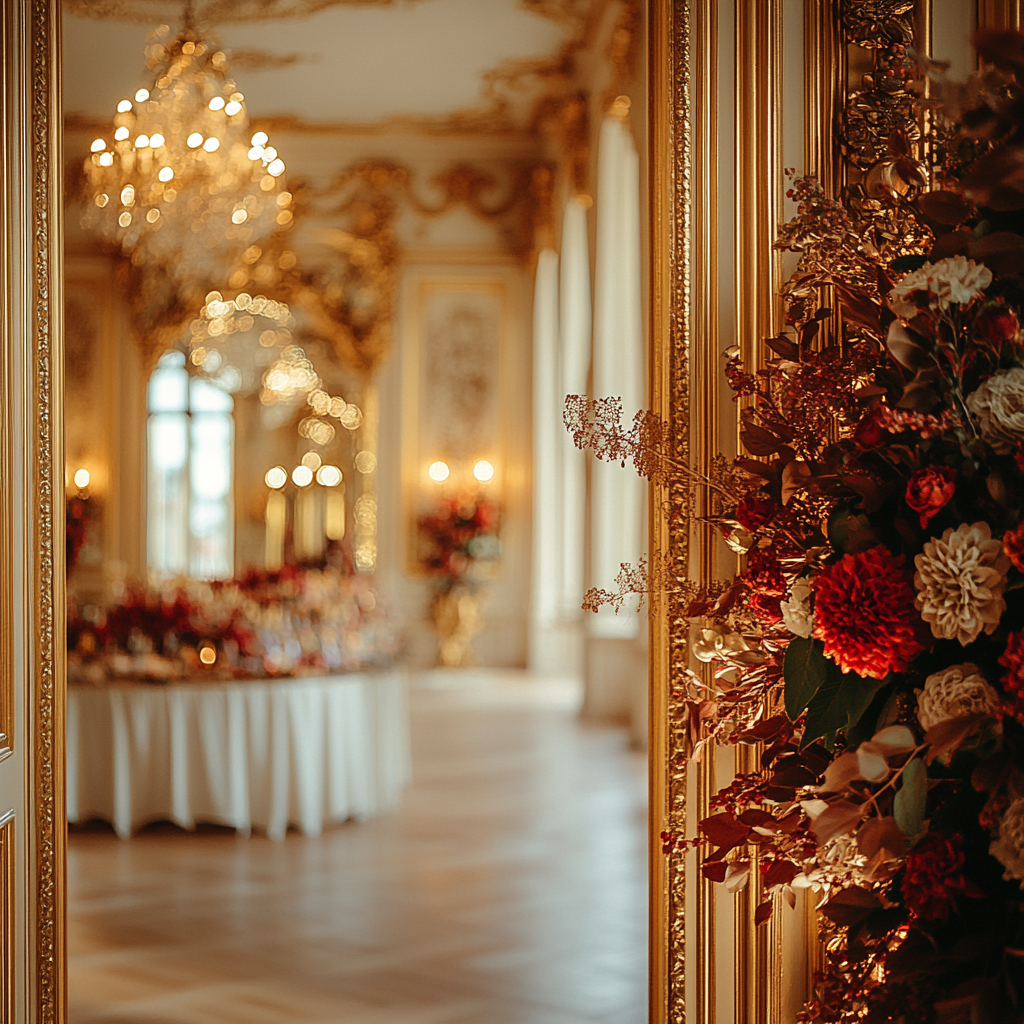 A Half-Opened Gold Door Revealing Festive Room