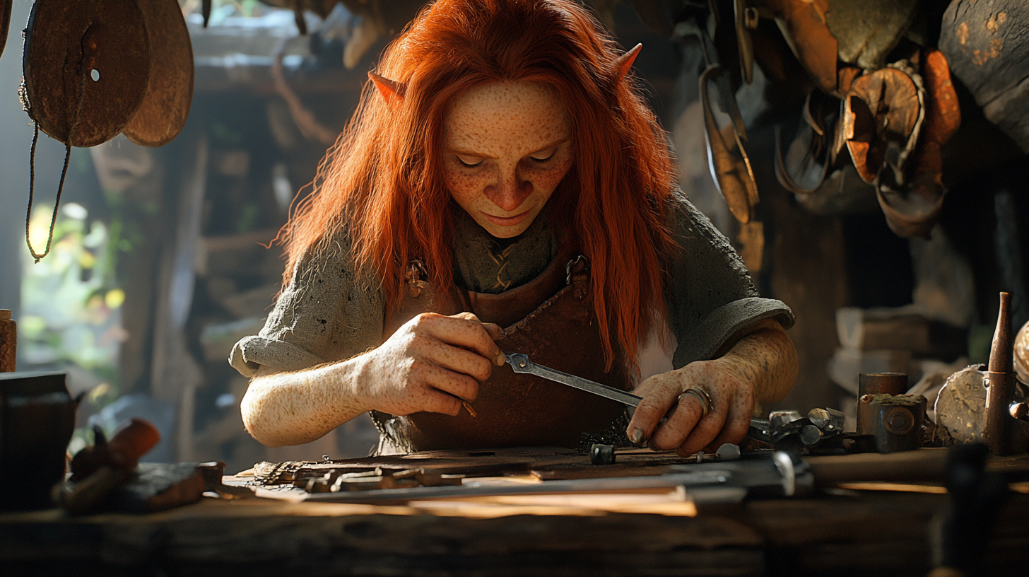 A Halfling with Red Hair Crafting a Longsword