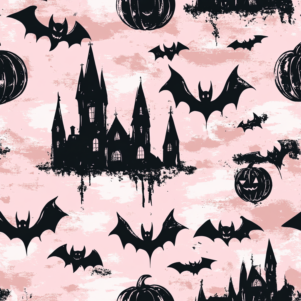 A Halloween-themed pattern with pink background and spooky elements