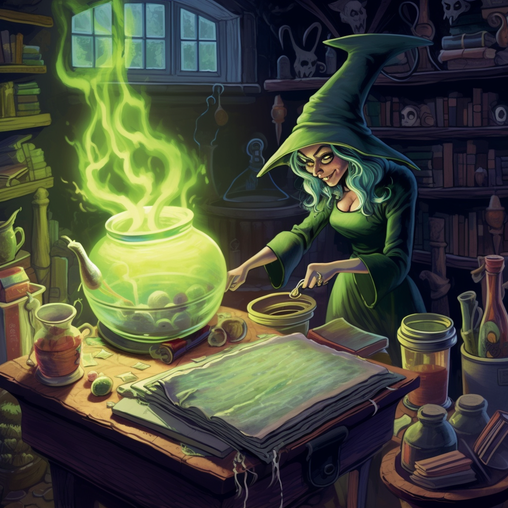 A Halloween witch brewing a bubbling potion.