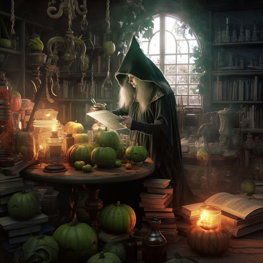 A Halloween witch making potion in spooky house.