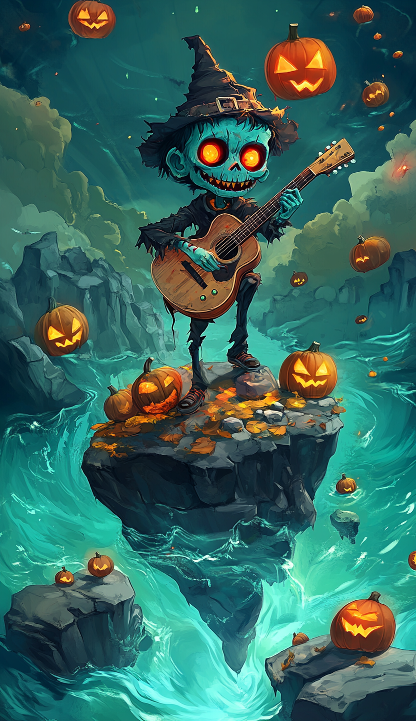 A Halloween zombie plays guitar on island