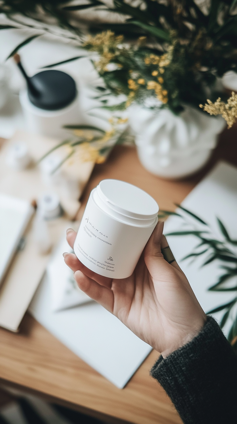 A Hand Holding Korean Skincare on Aesthetic Desk