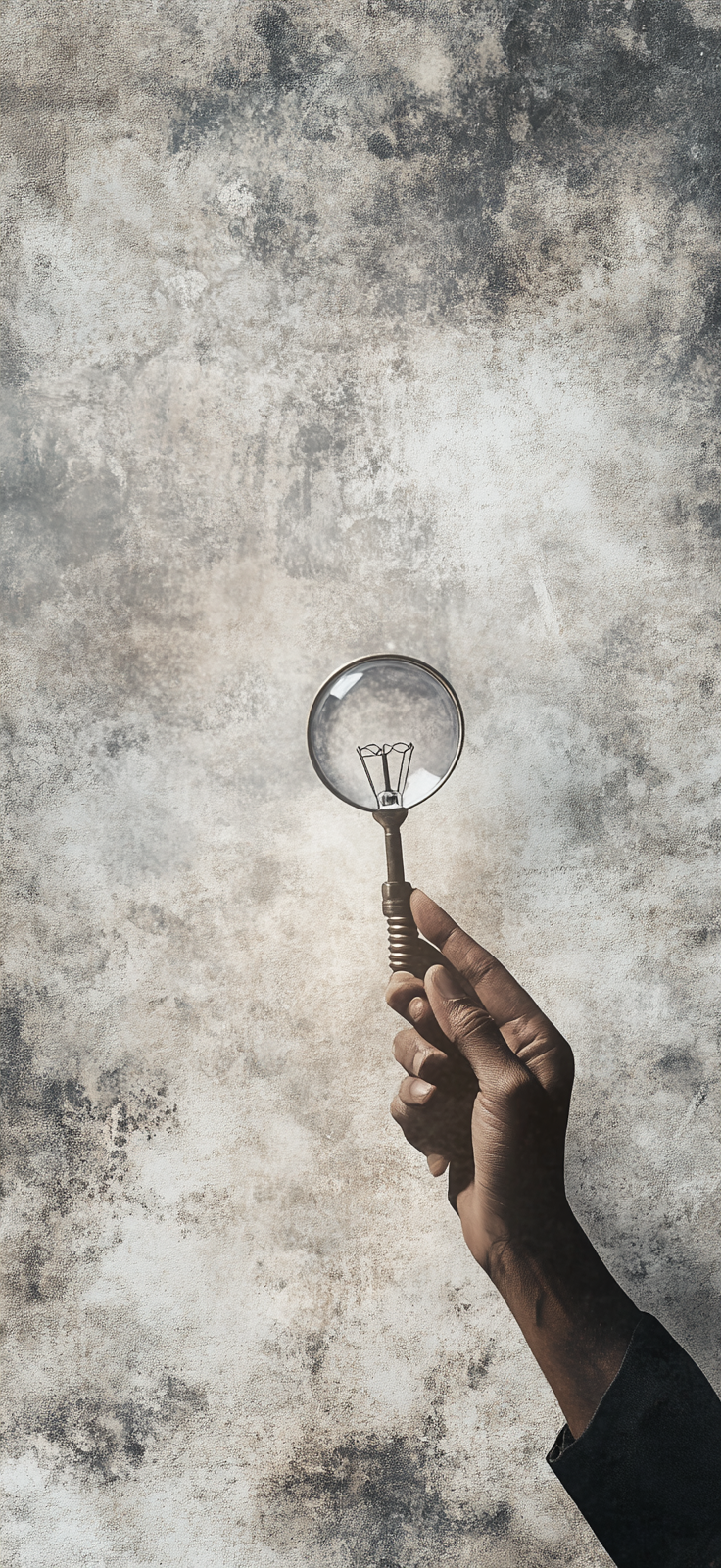 A Hand Holding Magnifying Glass with Floating Light Bulb