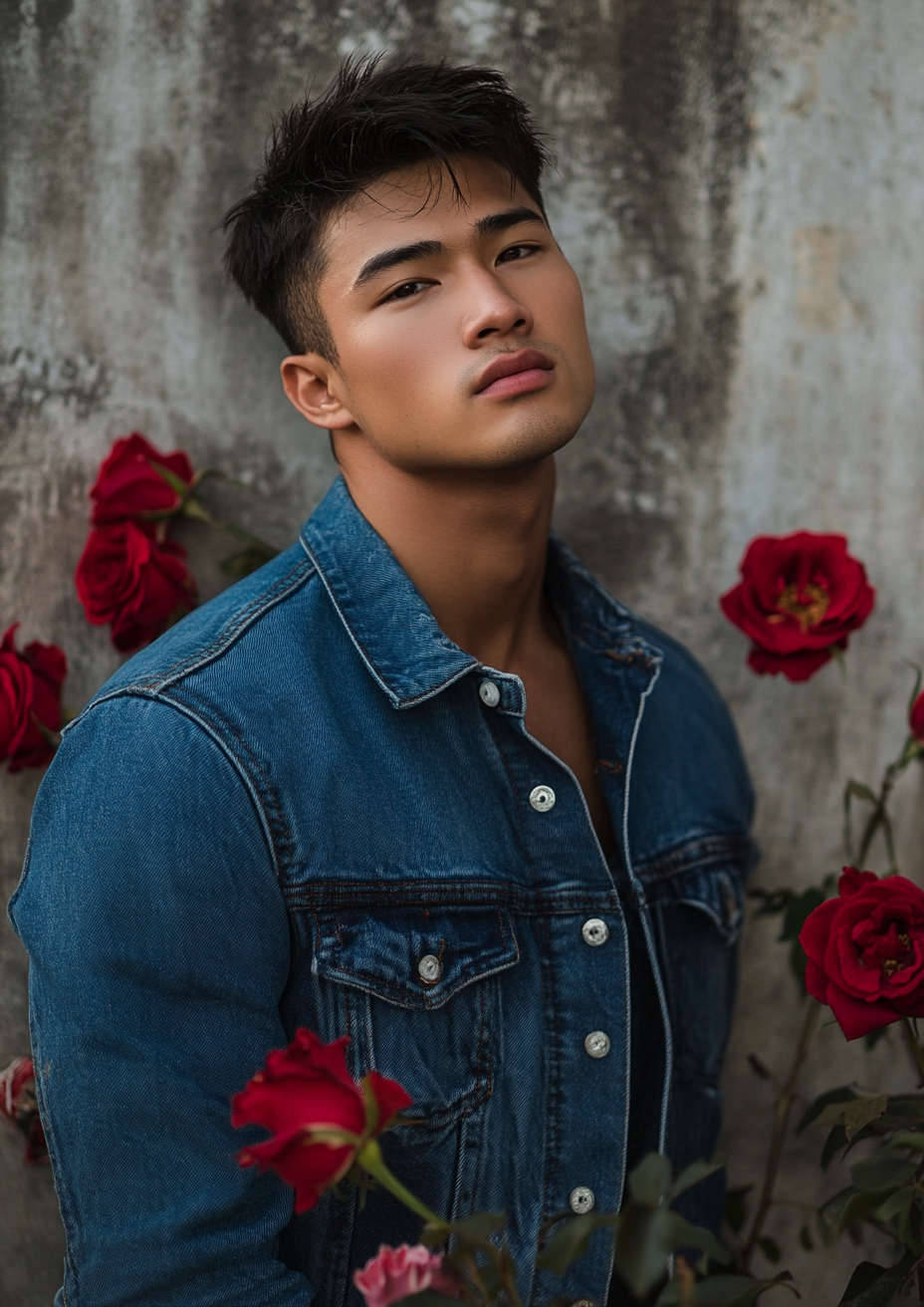 A Handsome Asian Man in Denim Outfit