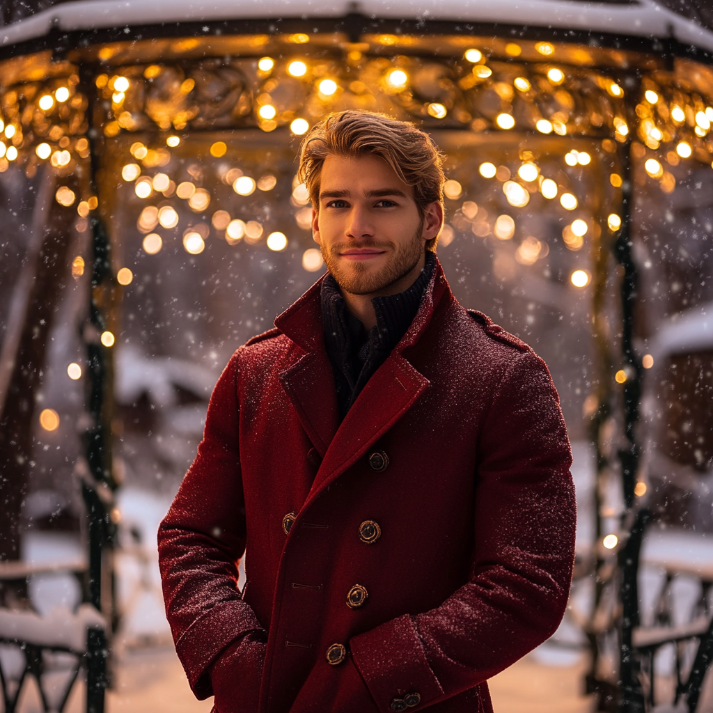 A Handsome Man in Red Coat at Snowy Gazebo